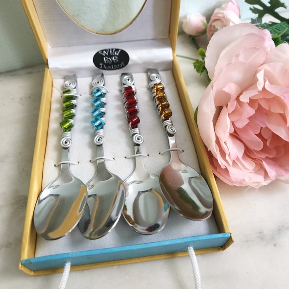Wild Eye Designs Beaded Coffee Spoons Set of 4 Colorful Silver Wire Wrapped - Picture 1 of 4